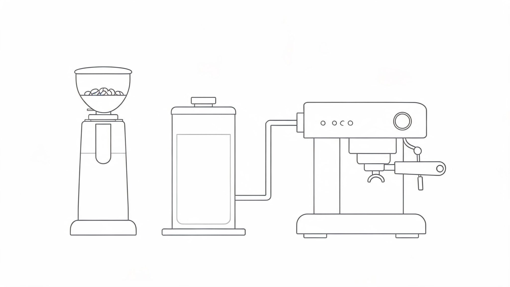Line art illustration of a professional coffee grinder, water tank, and espresso machine on white background.