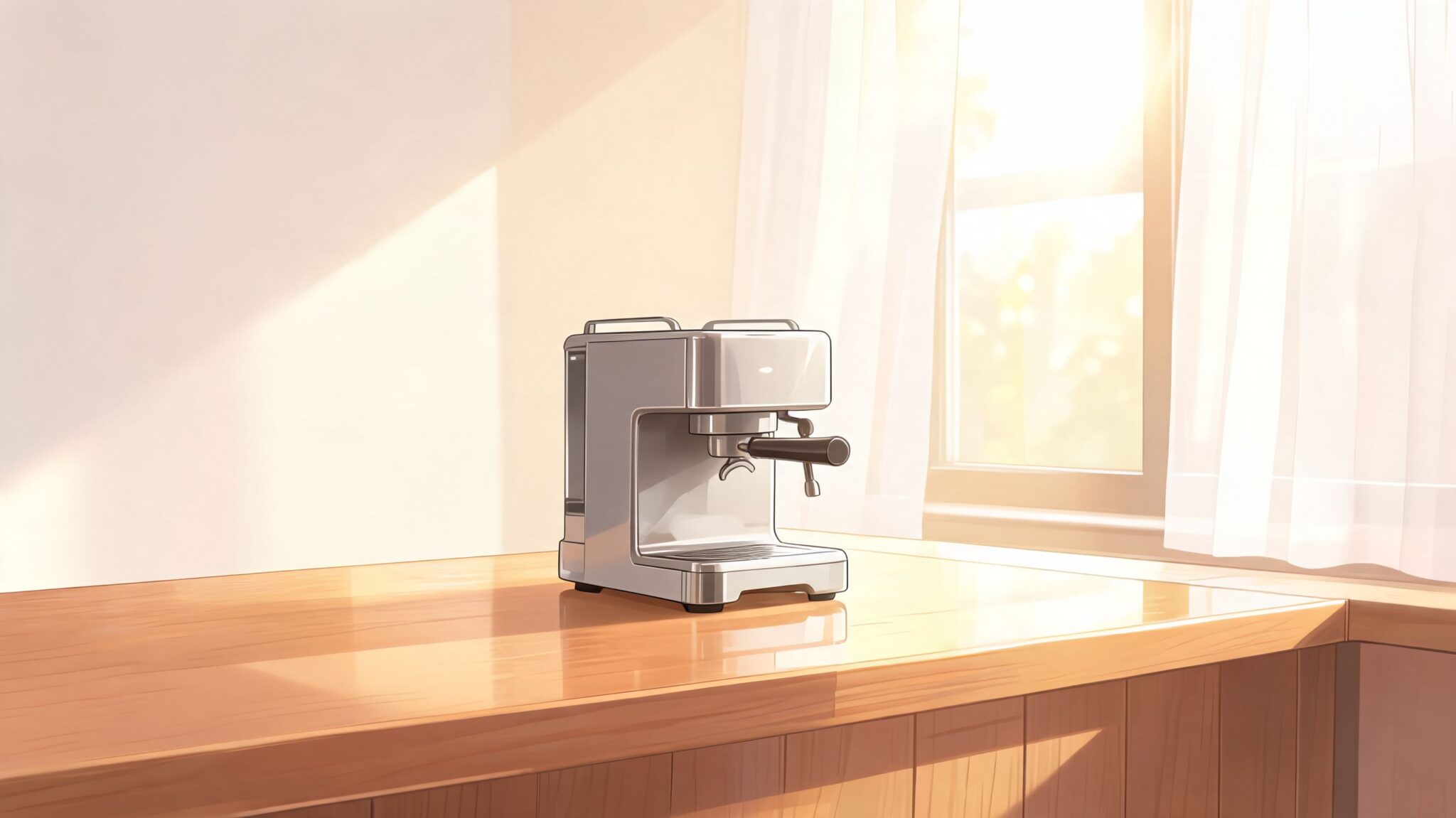 A modern silver espresso coffee machine sitting on a clean wooden kitchen counter by a window.
