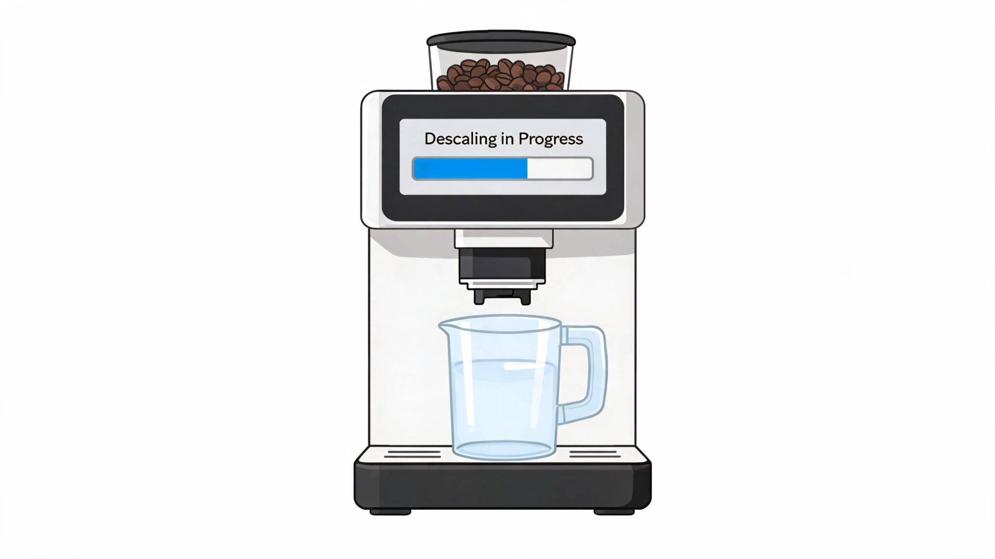 A digital illustration of an espresso machine with a progress bar screen showing descaling in progress.