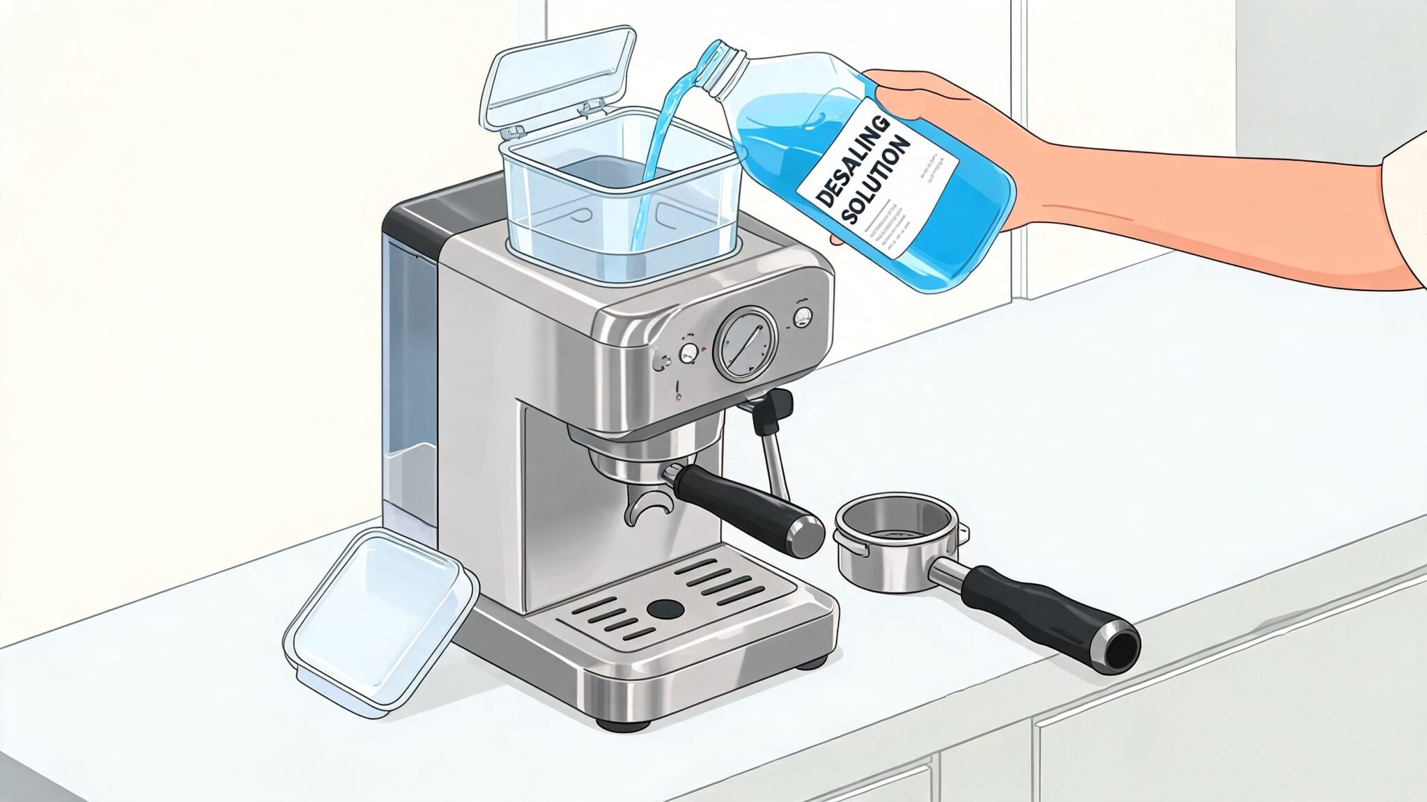 A hand pouring blue descaling solution into the water tank of a silver stainless steel espresso machine.