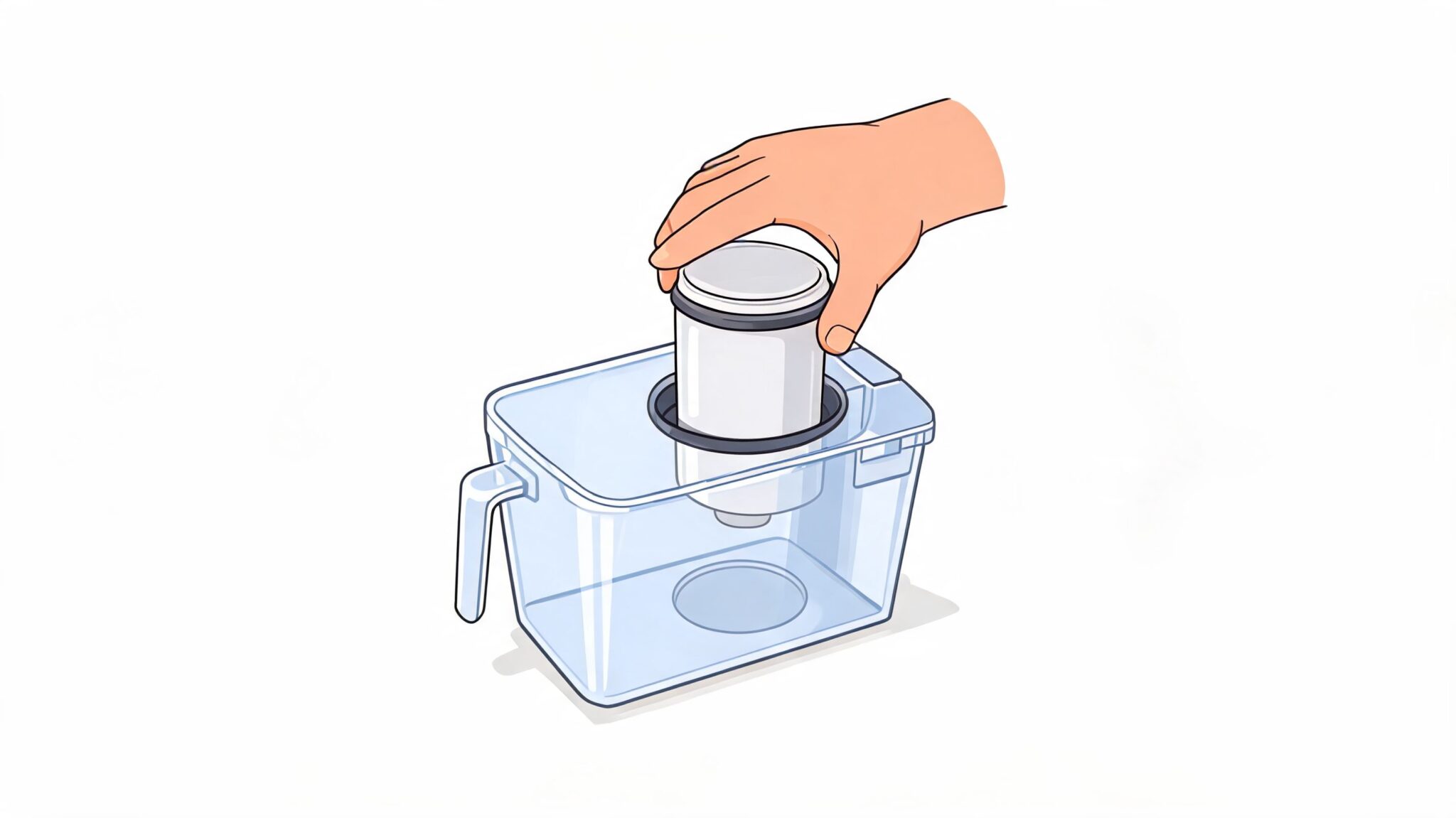 A hand placing a white water filter cartridge into the reservoir of a coffee machine.