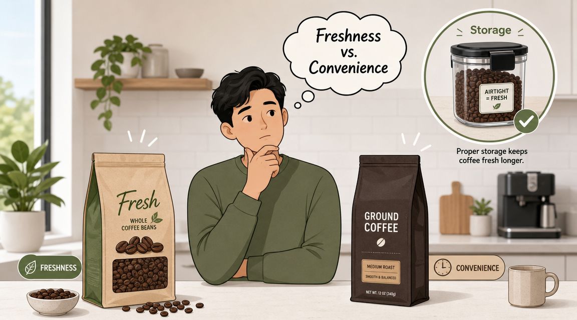 A man in a kitchen contemplating the choice between fresh whole coffee beans and convenient ground coffee.