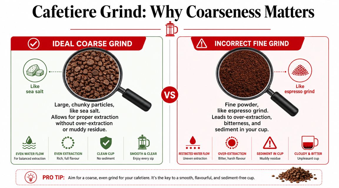 A comparison chart showing the difference between ideal coarse ground coffee and incorrect fine ground coffee for cafetiere brewing.