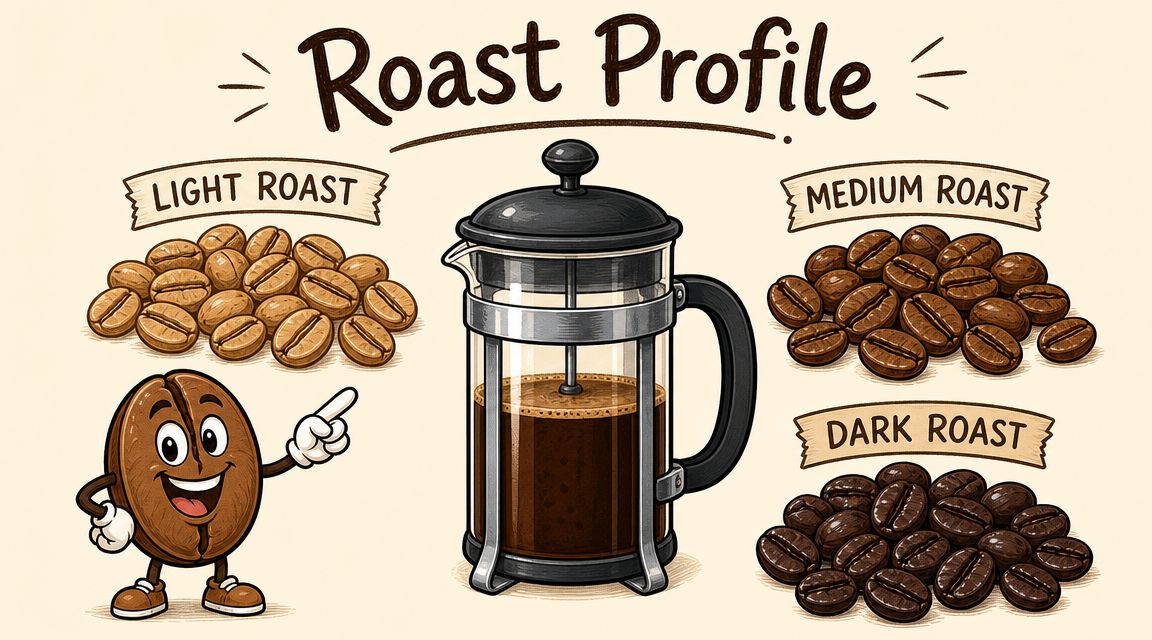An illustration showing three types of coffee roasts and a french press for coffee preparation.