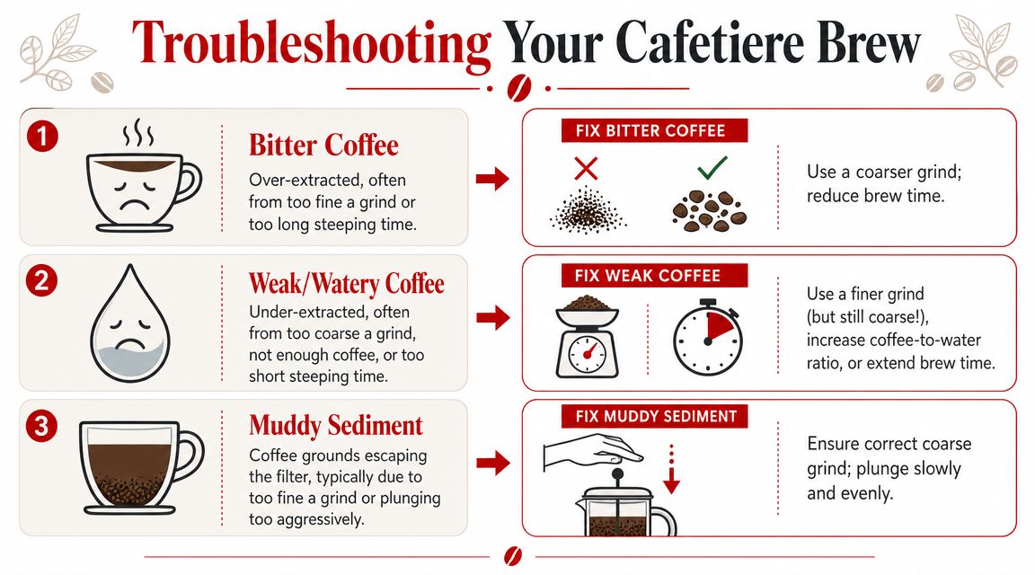 A troubleshooting guide for cafetiere coffee illustrating how to fix bitter, weak, or muddy brews.