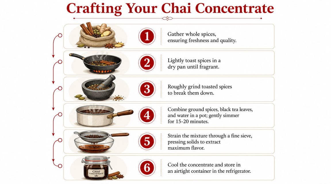 A six-step infographic guide illustrating the process of crafting homemade chai concentrate from whole spices.
