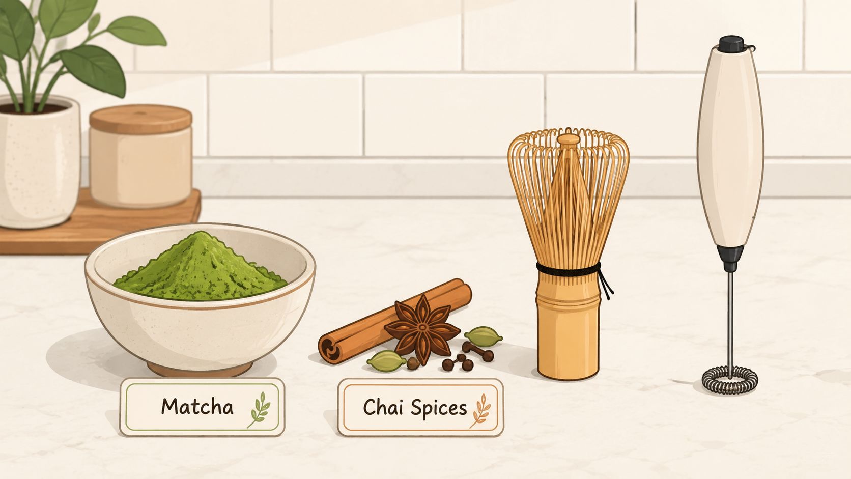A minimalist kitchen counter illustration featuring ingredients for a matcha chai latte with spices and tools.
