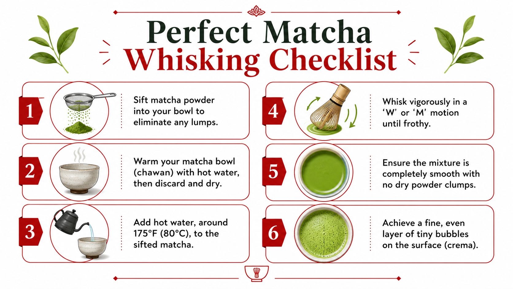 A six-step instructional infographic detailing the traditional process for properly whisking and preparing matcha green tea.