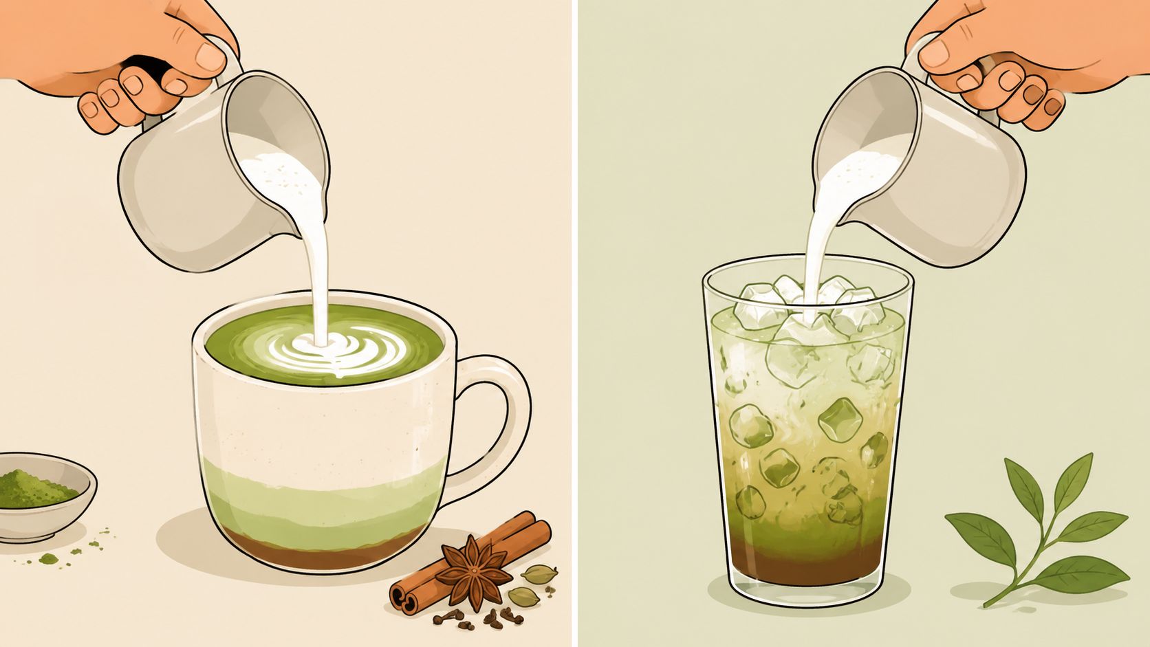 A split image showing the preparation of hot matcha chai latte and iced matcha chai latte.