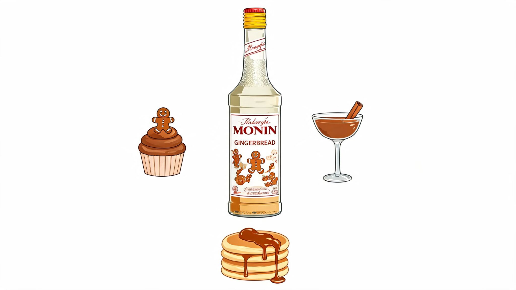A bottle of Monin Gingerbread syrup surrounded by a gingerbread cupcake, a cocktail, and stacked pancakes.