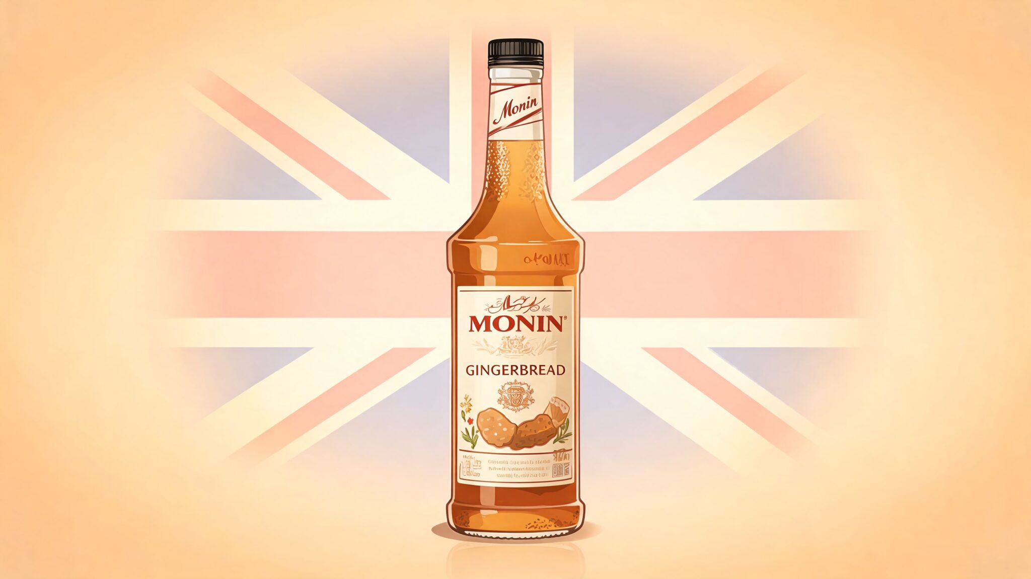 A bottle of Monin Gingerbread syrup centered in front of a stylized, artistic Union Jack flag background.