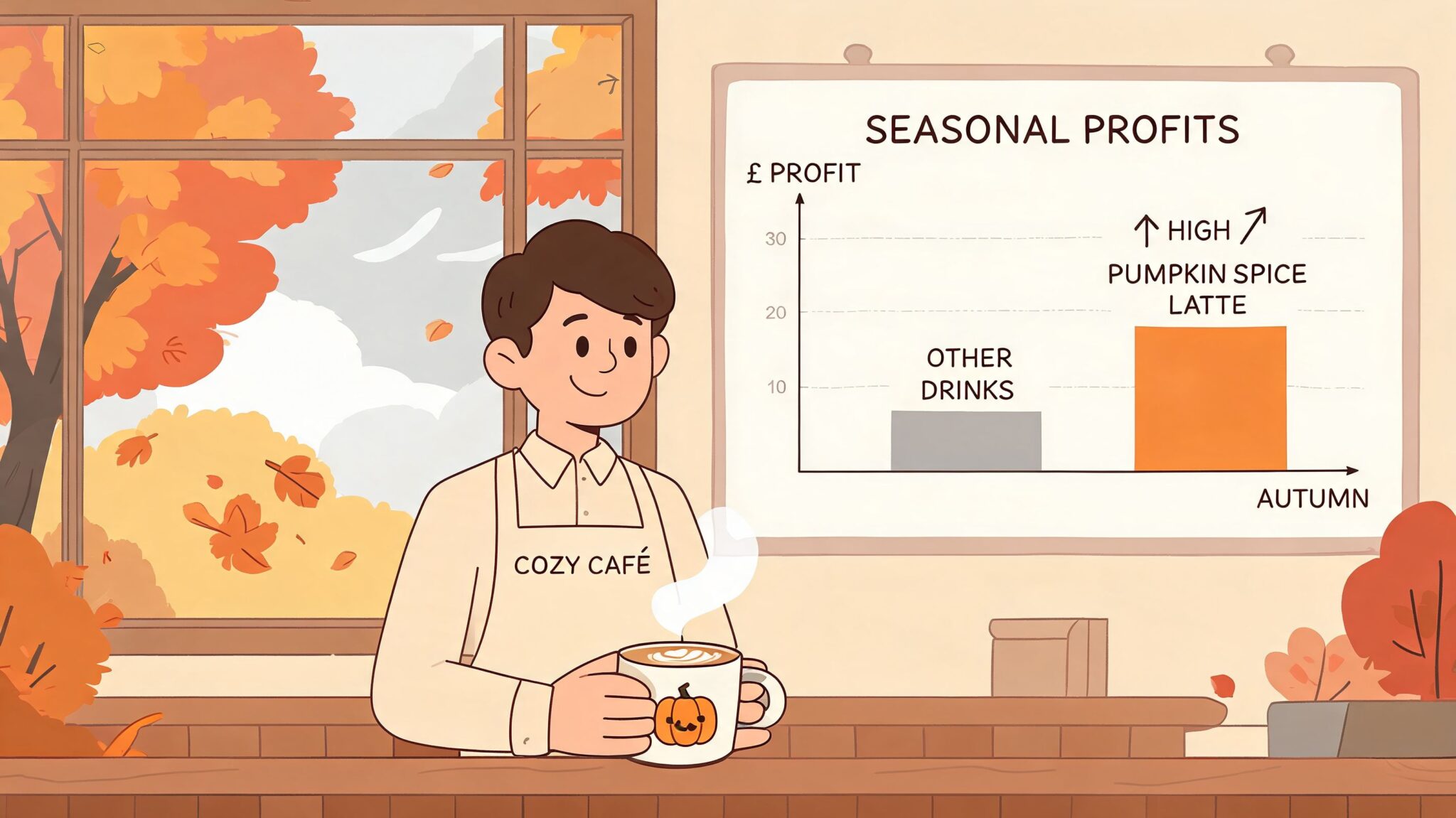 A smiling barista holding a coffee mug in front of a seasonal pumpkin spice profit graph.