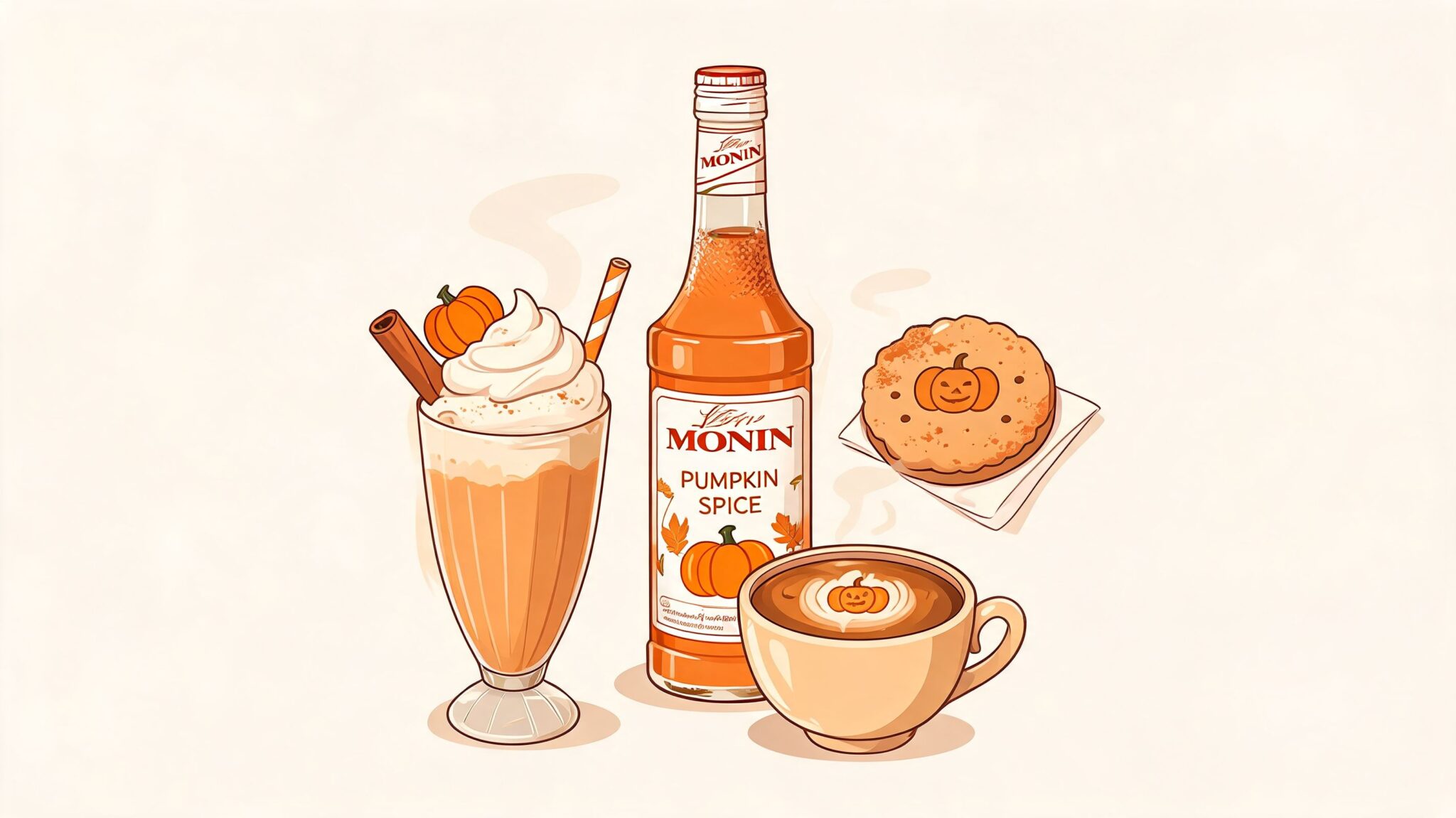 A bottle of Monin pumpkin spice syrup surrounded by a pumpkin spice latte, milkshake, and pumpkin cookie.