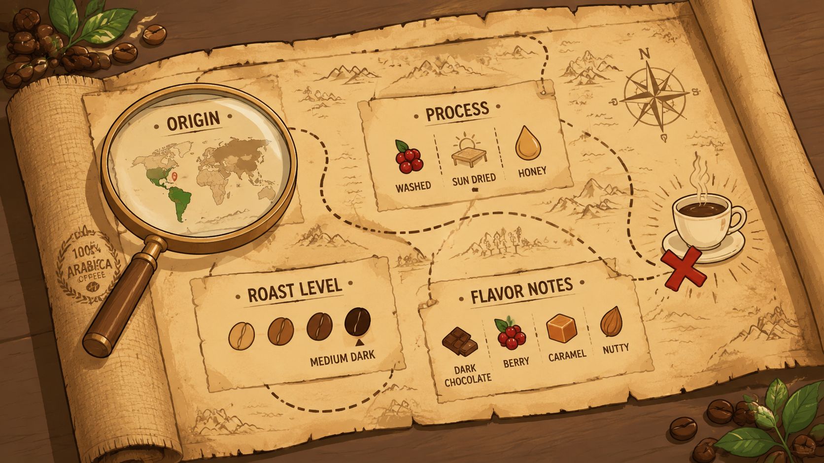 An illustrated map showing coffee production process including origin, roast level, processing methods, and flavor notes.