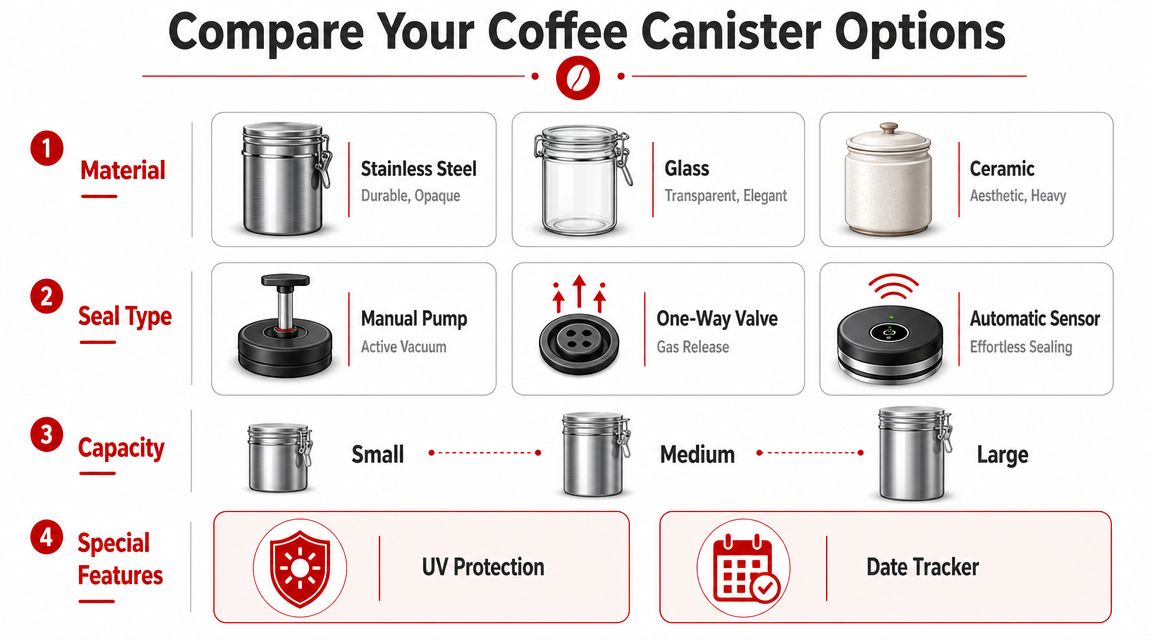 A comparison chart showing various options for coffee canisters including materials, seal types, capacities, and special features.
