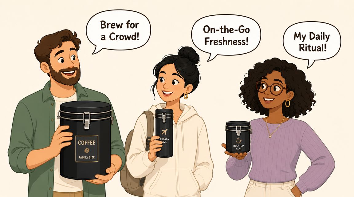 Three people holding different sizes of black vacuum canisters for coffee with speech bubbles about their usage.