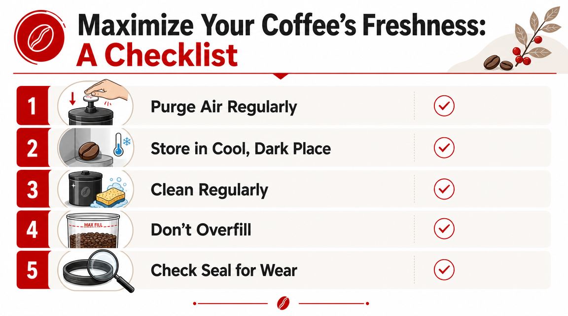 An infographic checklist showing five simple tips to maximize and maintain coffee freshness using storage canisters.