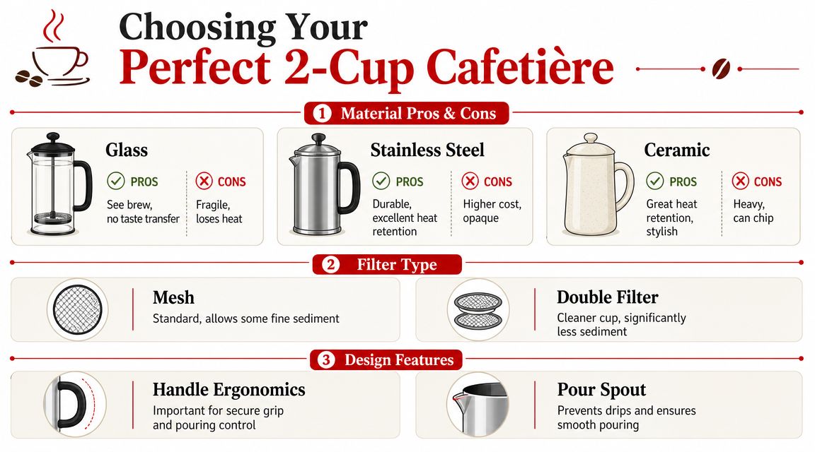 A helpful infographic comparing materials, filters, and design features for choosing the perfect 2-cup cafetiere coffee press.