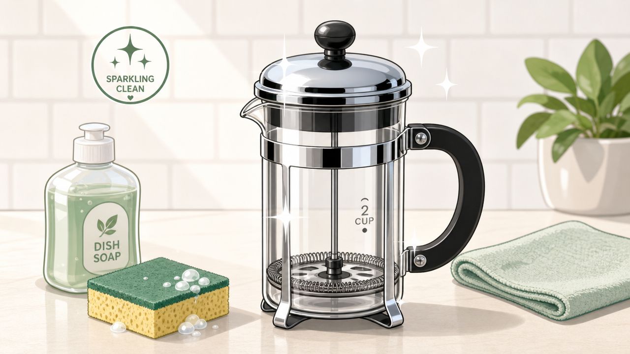 A clean 2-cup French press coffee maker sits on a counter next to soap, sponge, and cloth.