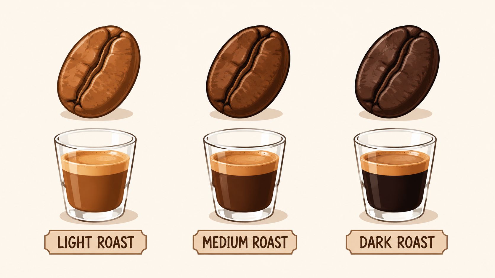 An illustration comparing light, medium, and dark roast coffee beans and their resulting espresso shots.