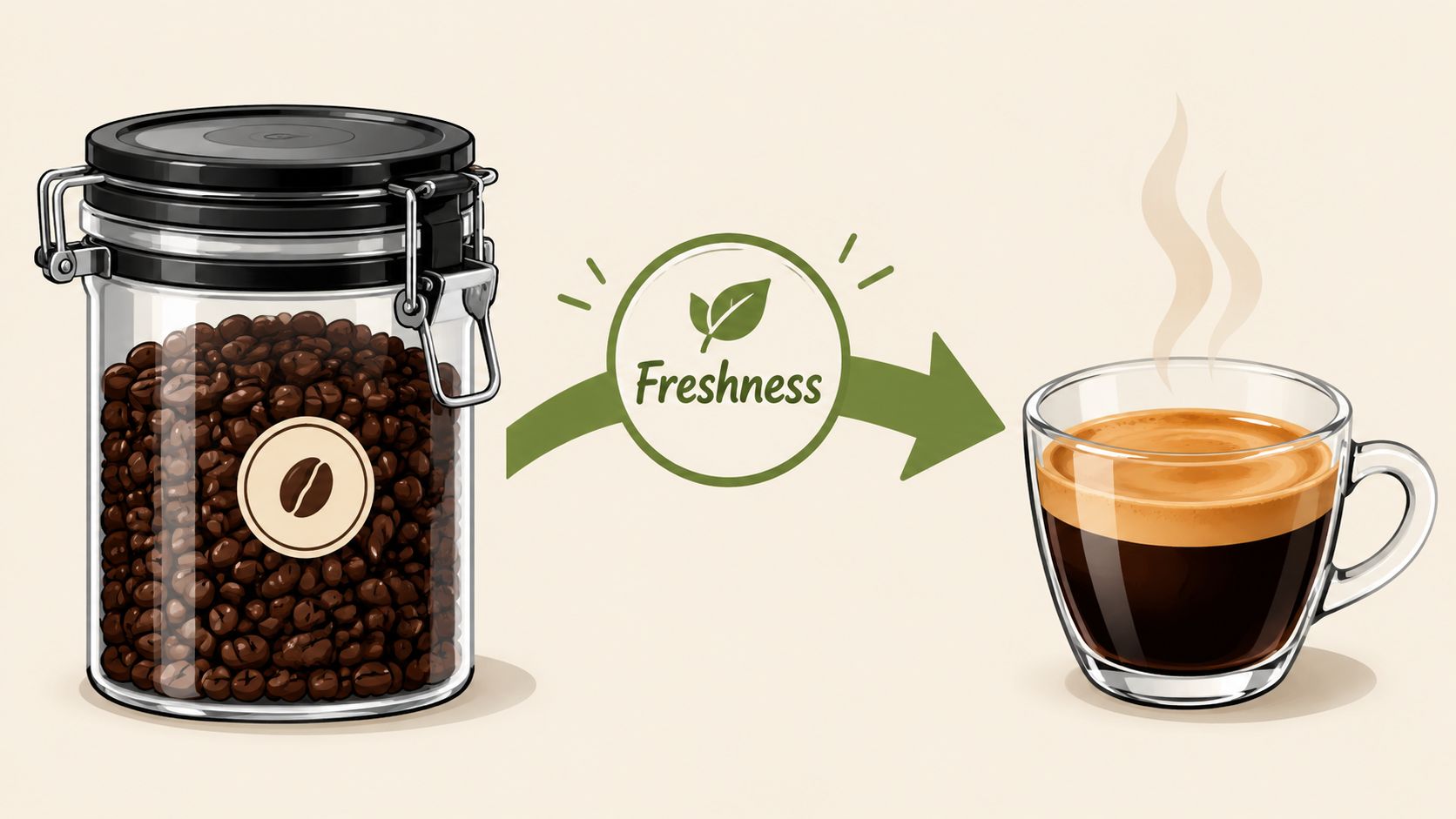 A glass canister filled with roasted coffee beans transitioning to a fresh cup of hot espresso.