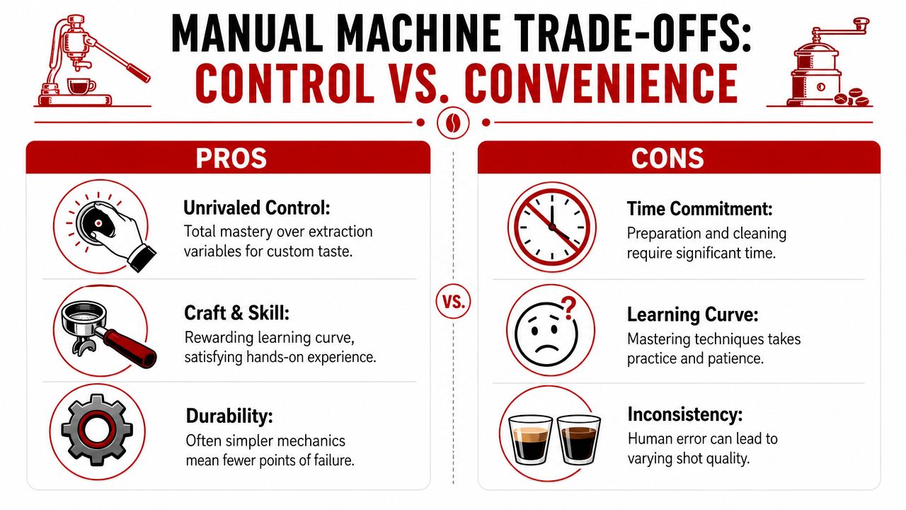 An infographic comparing the pros and cons of using manual coffee machines regarding control and convenience.