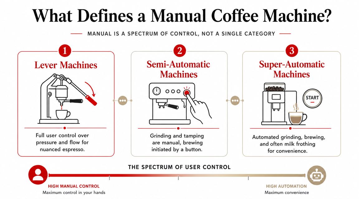A diagram explaining the spectrum of manual coffee machine types from lever to super-automatic models.