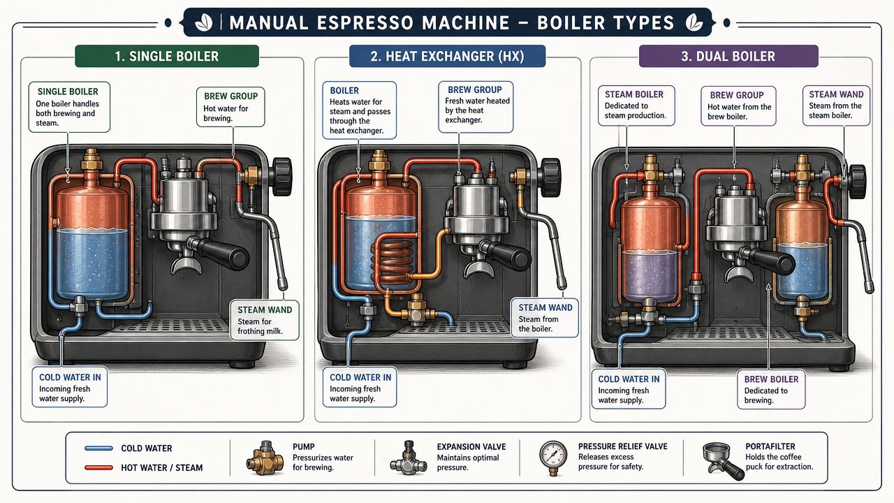 A diagram comparing single boiler, heat exchanger, and dual boiler manual espresso machine internal mechanisms and components.