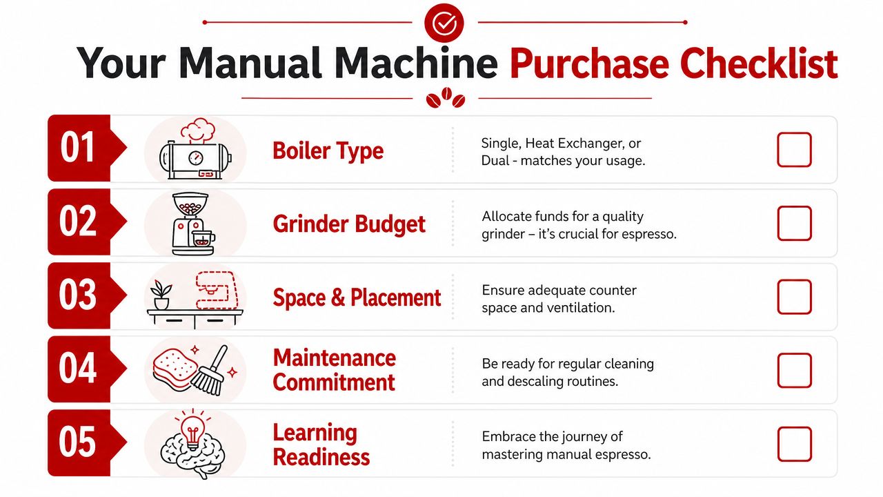 A five-step checklist for buying a manual espresso machine covering boiler types, budget, space, maintenance, and learning.