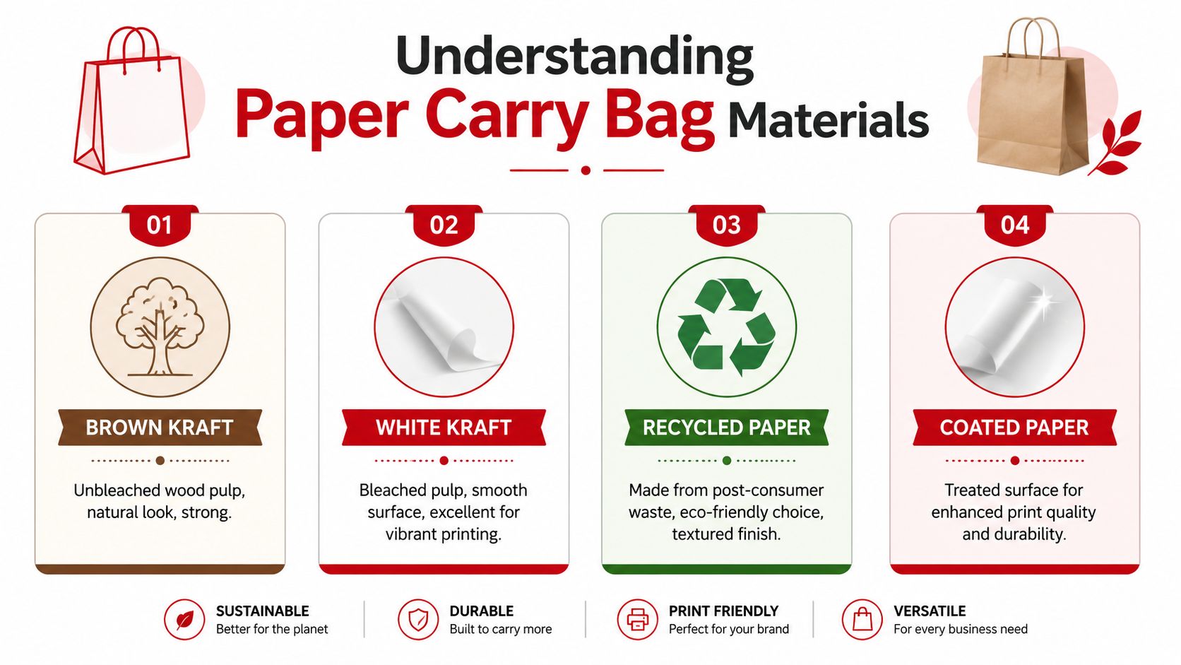 An infographic detailing four different types of paper materials used for manufacturing retail carry bags.
