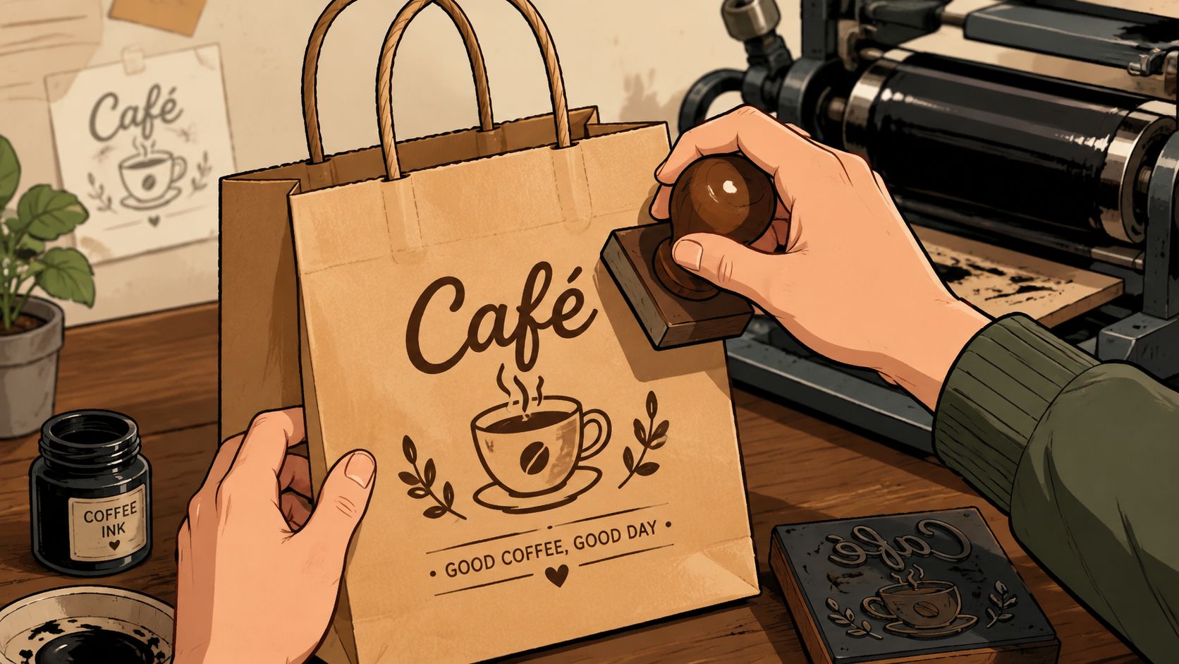 A hand stamping a custom cafe logo onto a brown paper carry bag in a coffee shop.