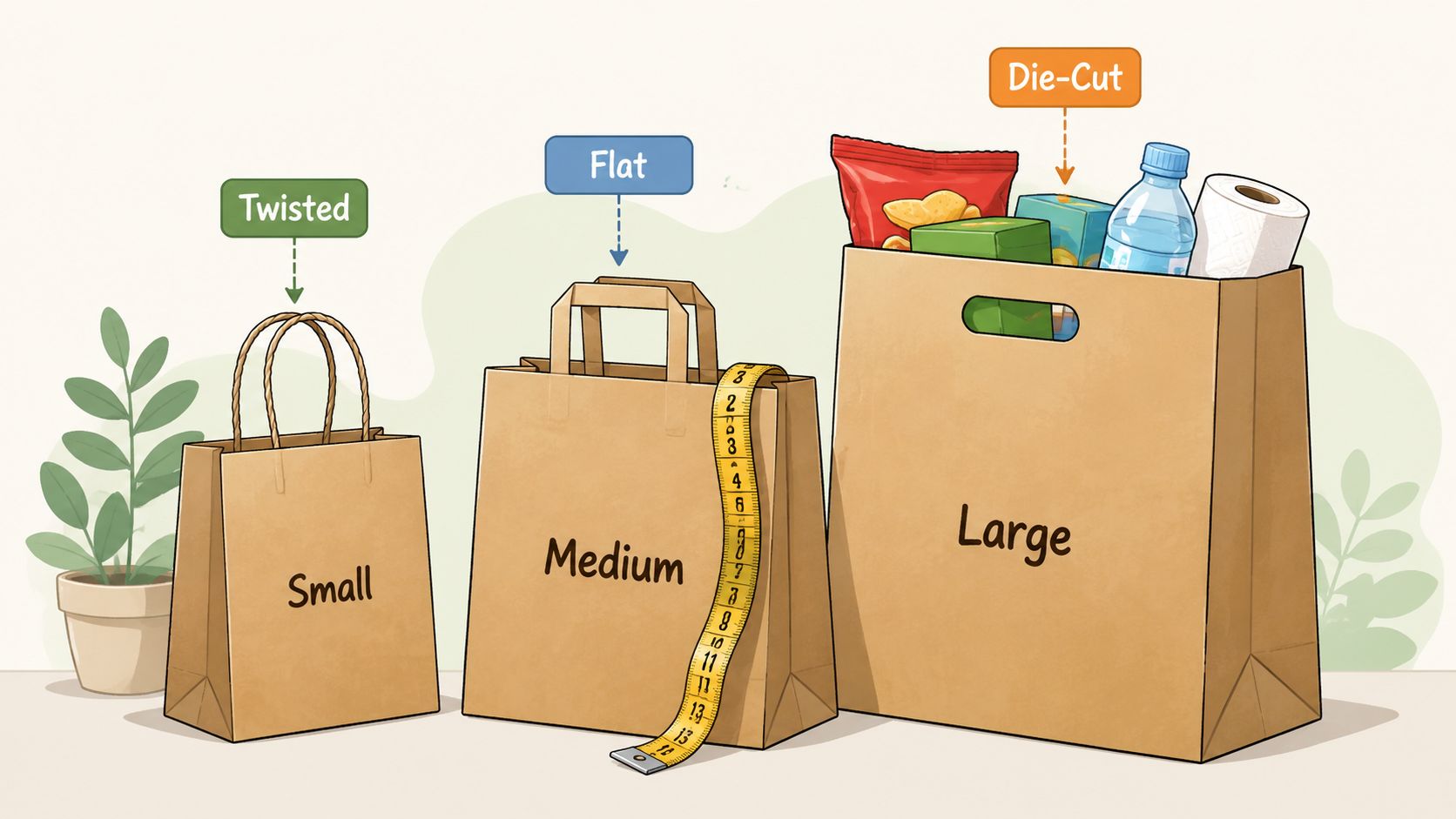 Three sizes of brown paper carry bags with different handle styles displayed on a plain background.
