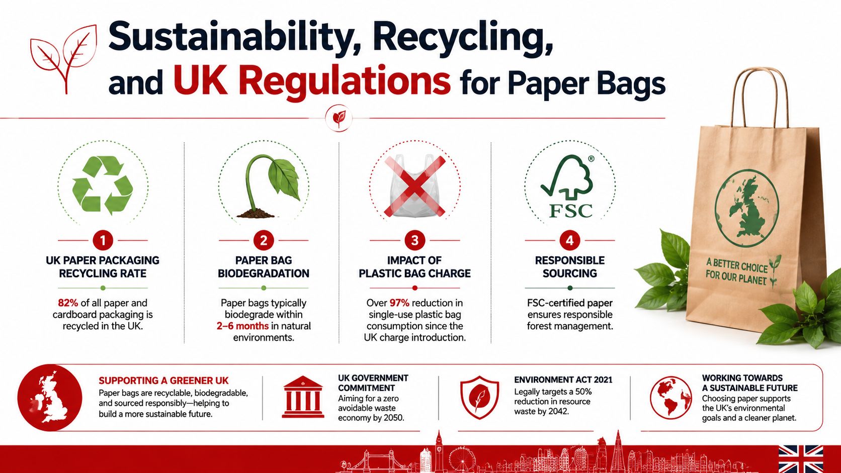 An infographic detailing UK regulations, recycling rates, and sustainability benefits regarding the use of paper bags.