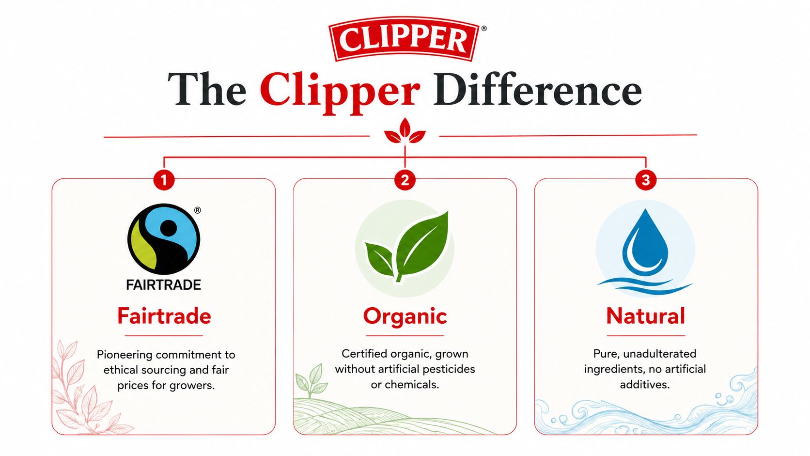 An infographic titled The Clipper Difference highlighting their commitment to Fairtrade, organic ingredients, and natural production methods.