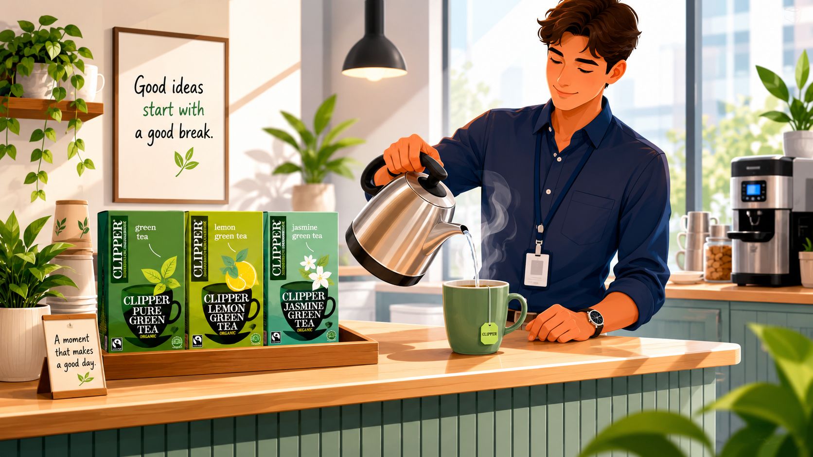 A young man pouring hot water from a kettle into a Clipper Green Tea mug in an office.