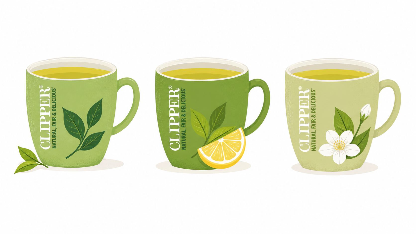 Three green Clipper tea mugs displayed side by side featuring tea leaves, lemon, and white flowers.