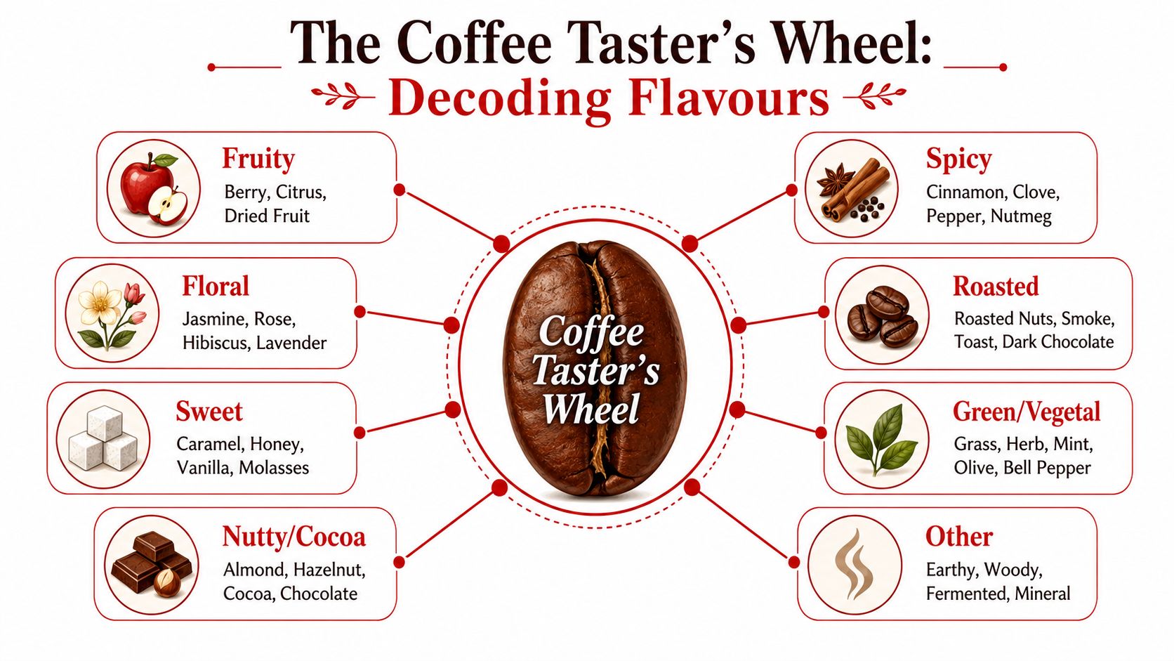 A diagram titled The Coffee Taster's Wheel showing various flavor categories like fruity, floral, spicy, and roasted.