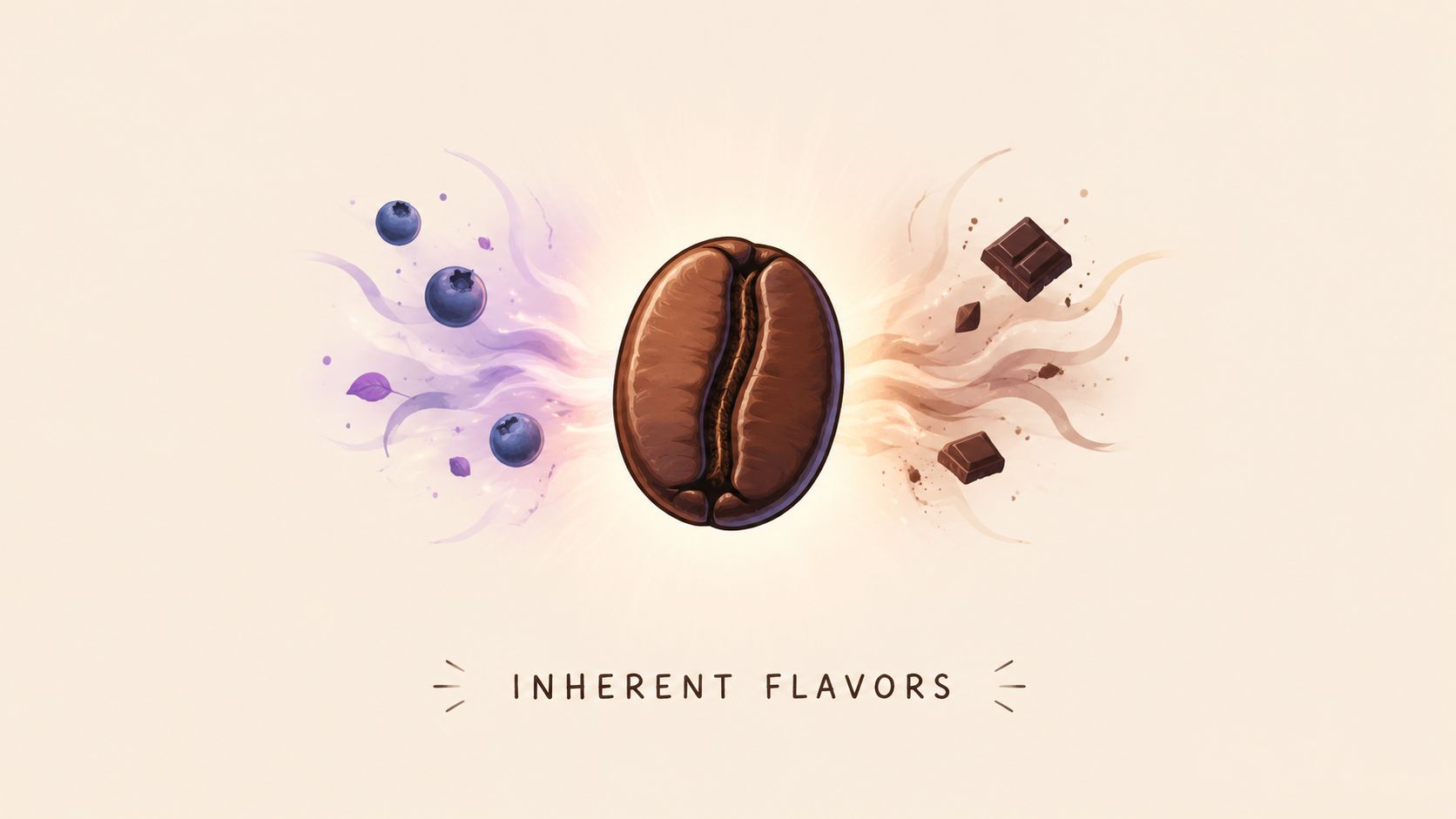 A single roasted coffee bean centered between artistic swirls of blueberries and chocolate chunks, illustrating flavor profiles.