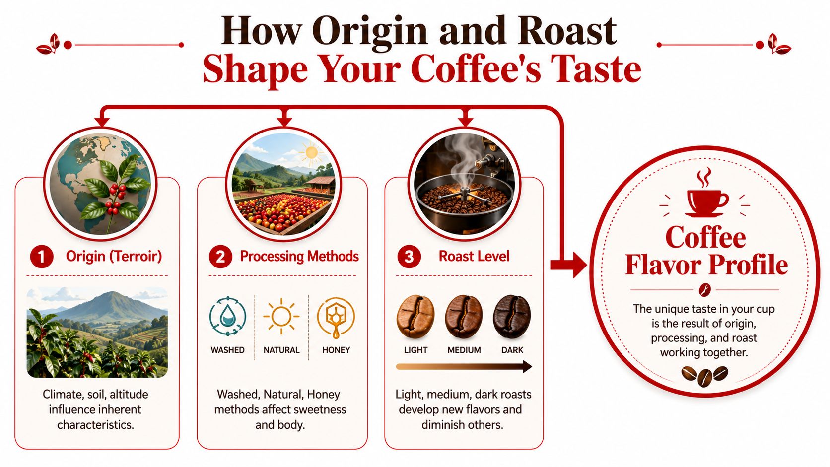 An infographic showing how coffee origin, processing methods, and roast levels combine to create a coffee flavor profile.