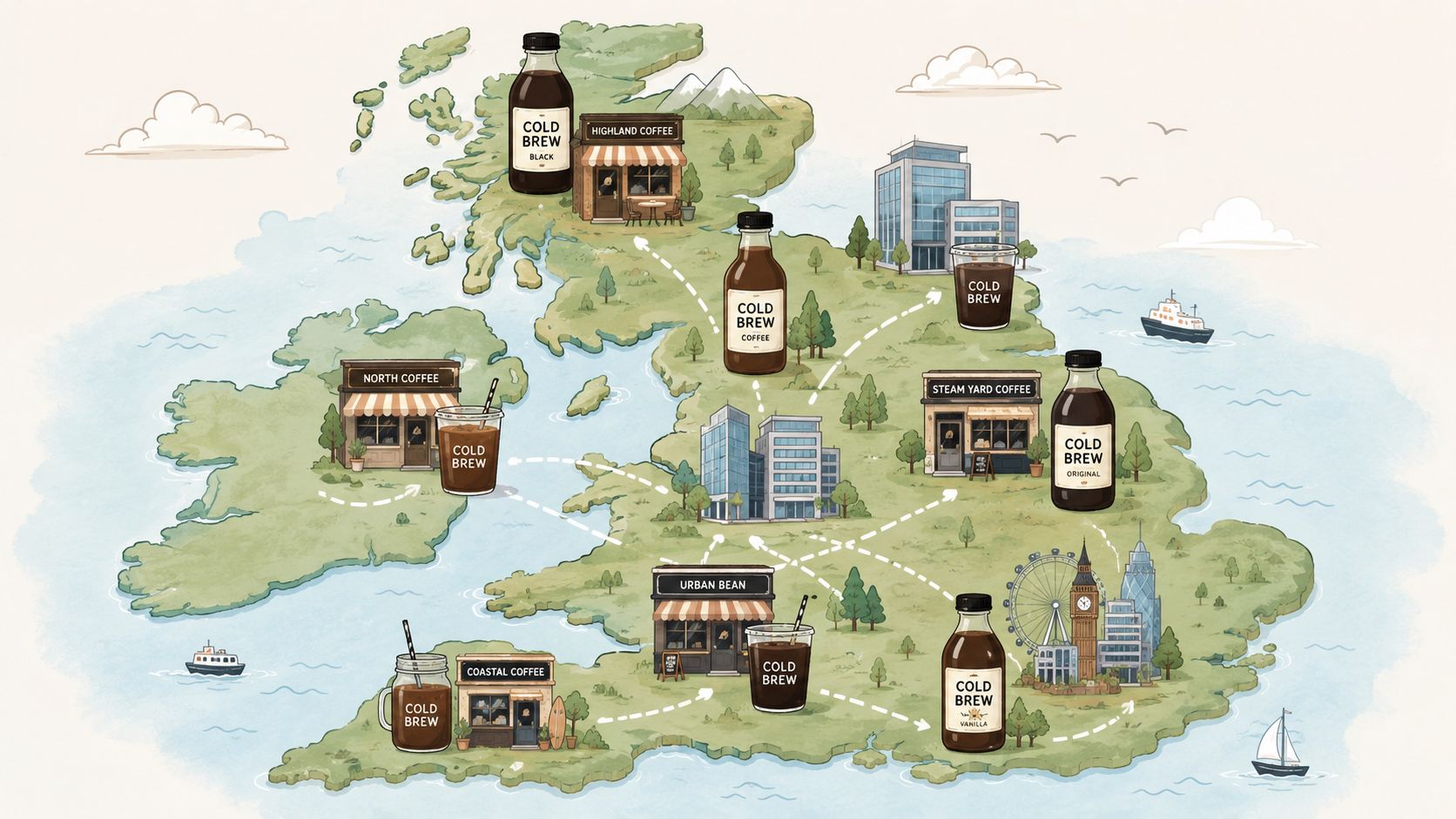 A map of the United Kingdom featuring various coffee shops and cold brew coffee bottles.