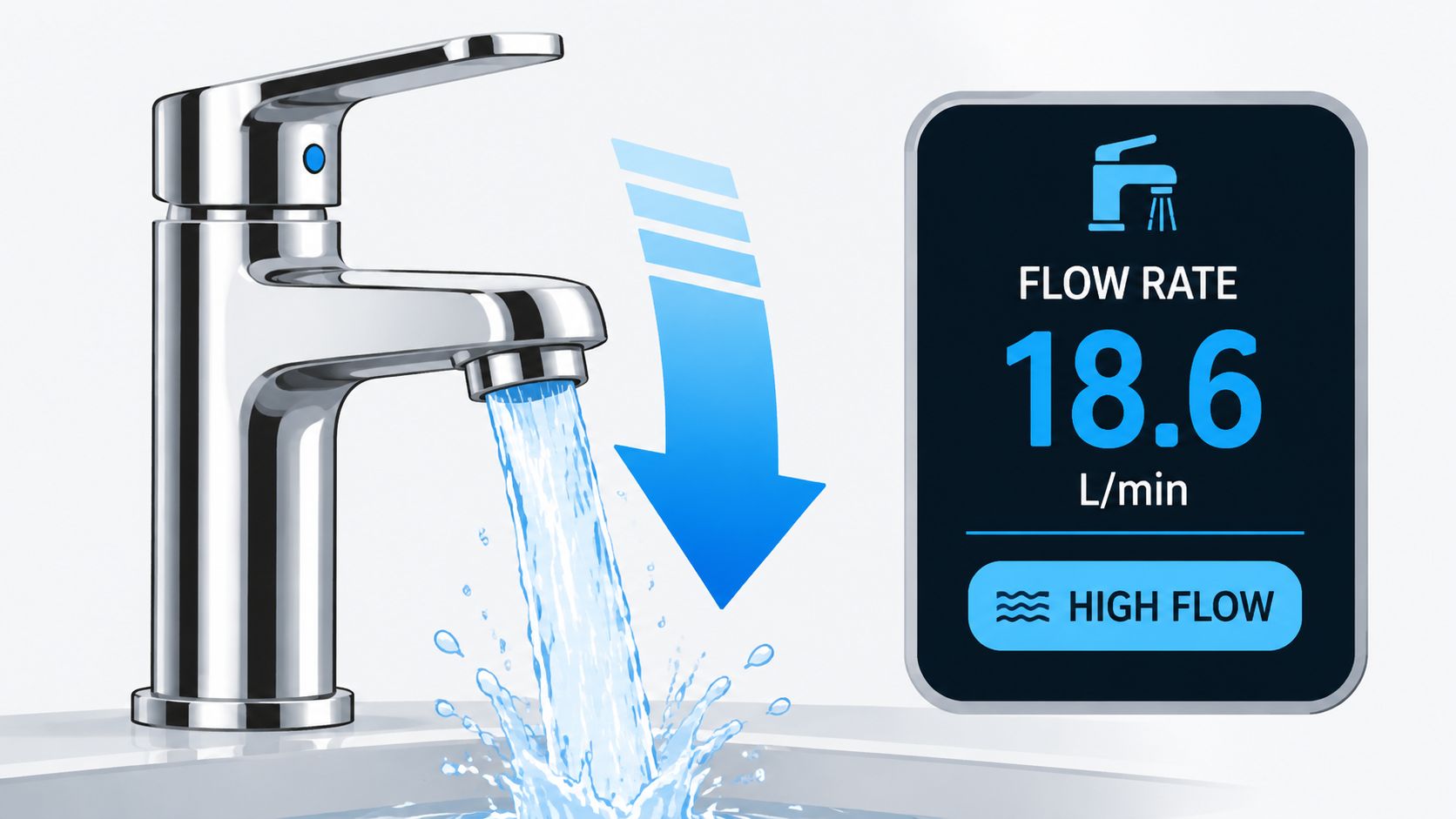 A modern chrome bathroom faucet running water with a digital display showing a high flow rate.