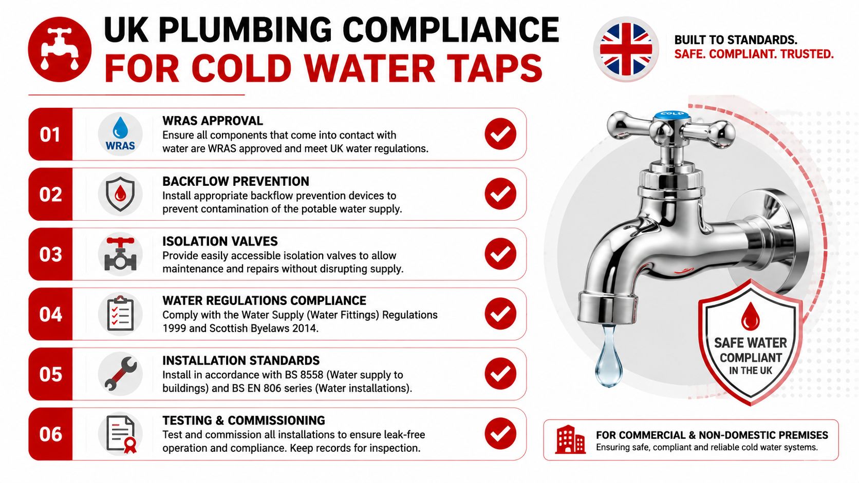 An infographic detailing UK plumbing compliance requirements for cold water taps in commercial and non-domestic premises.