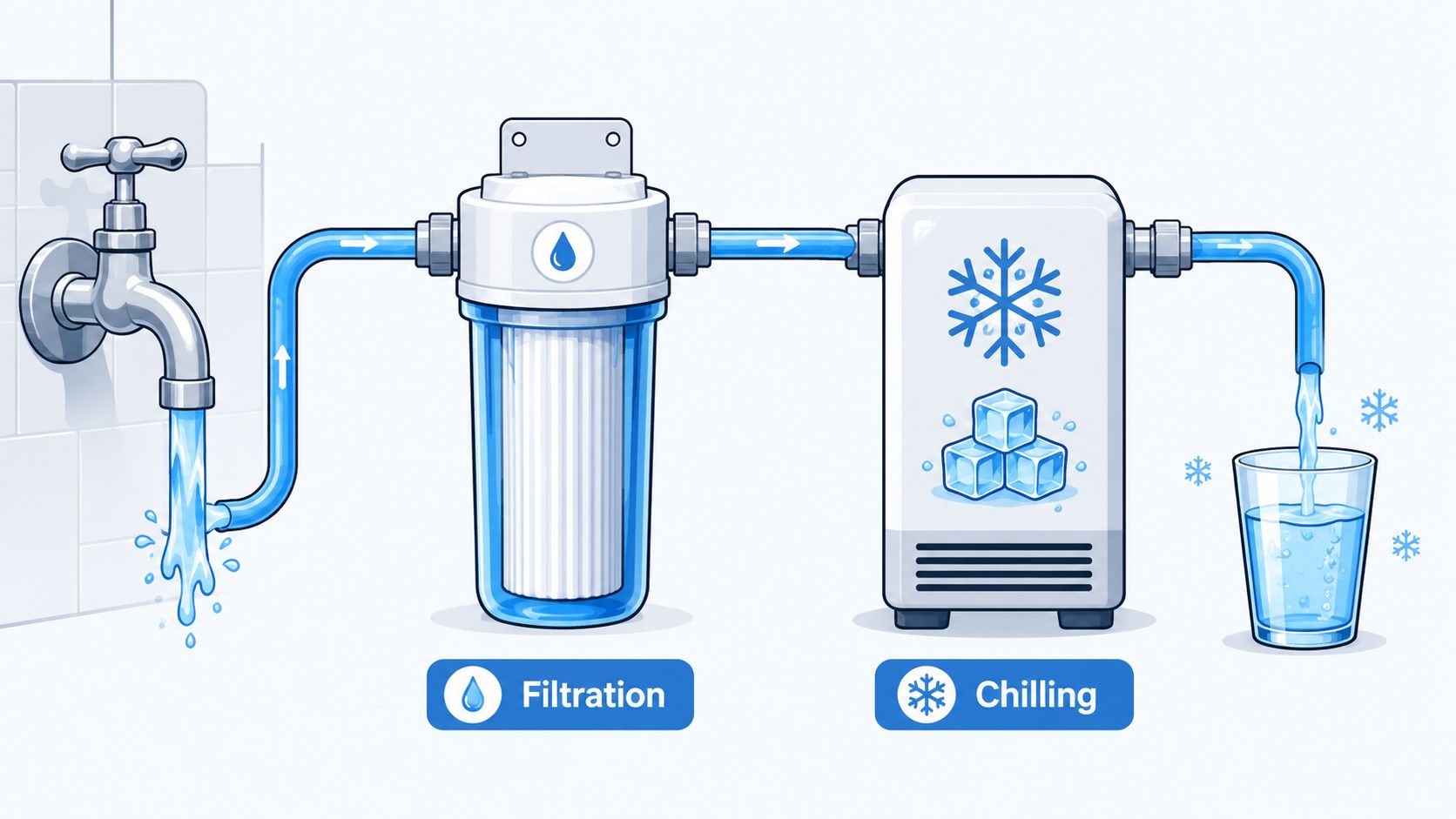 A diagram illustrating water flowing from a tap through a filtration unit and a chilling system.
