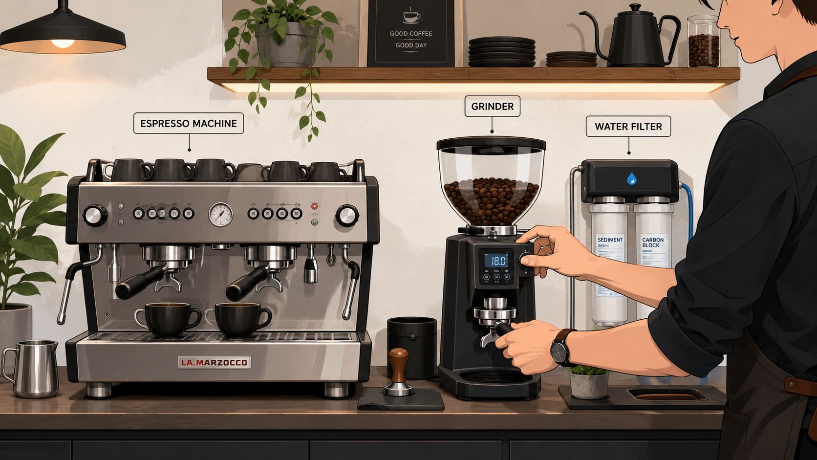 A professional barista using a grinder and a La Marzocco espresso machine in a modern coffee shop.