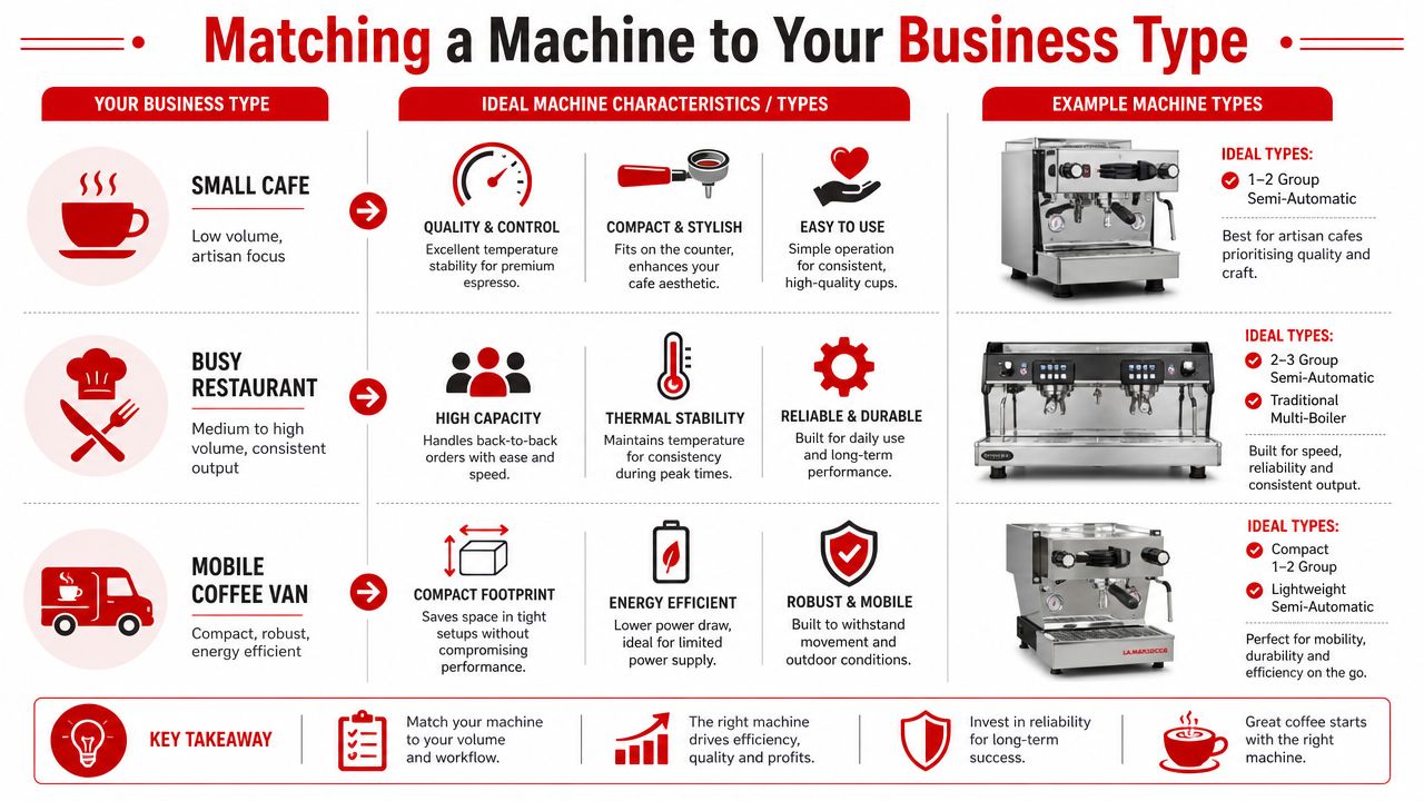 An infographic guiding business owners on choosing the ideal commercial espresso machine based on their specific business needs.