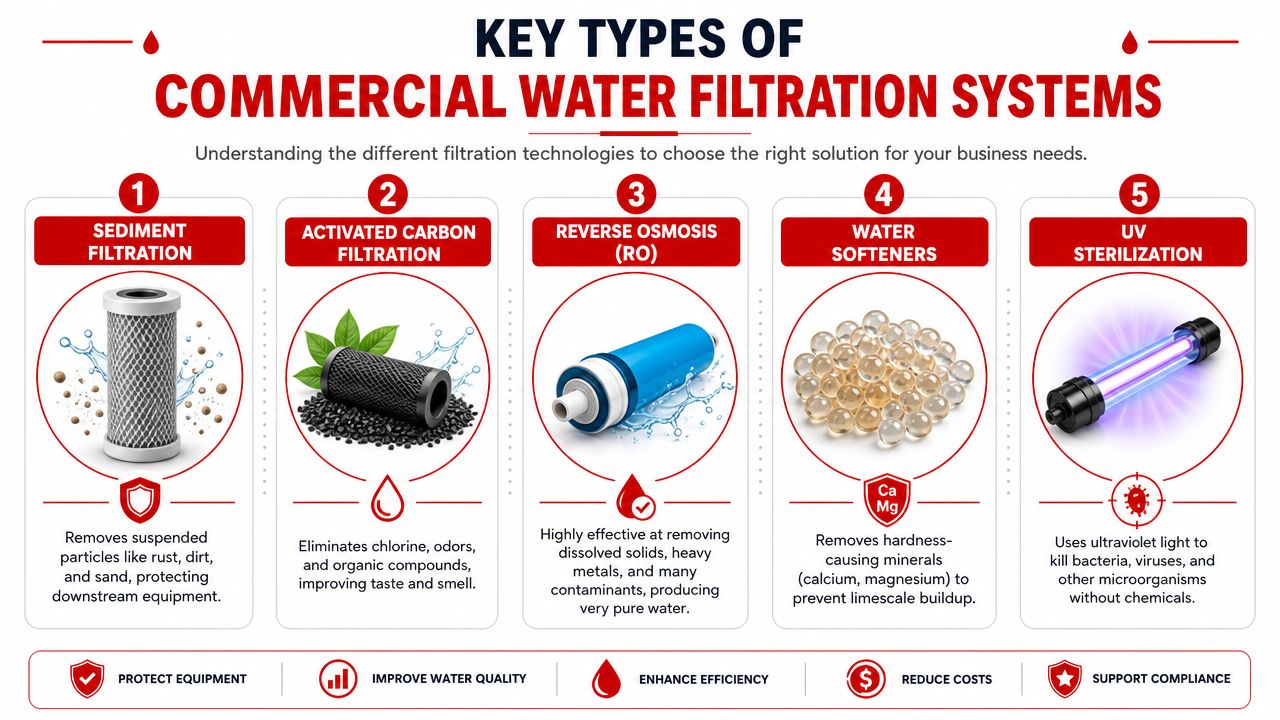 A diagram outlining five key types of commercial water filtration systems for improving water quality and protection.