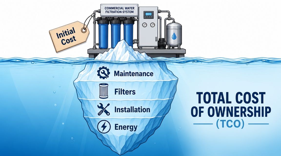 An iceberg illustration representing total cost of ownership for a commercial water filtration system, showing hidden long-term expenses.