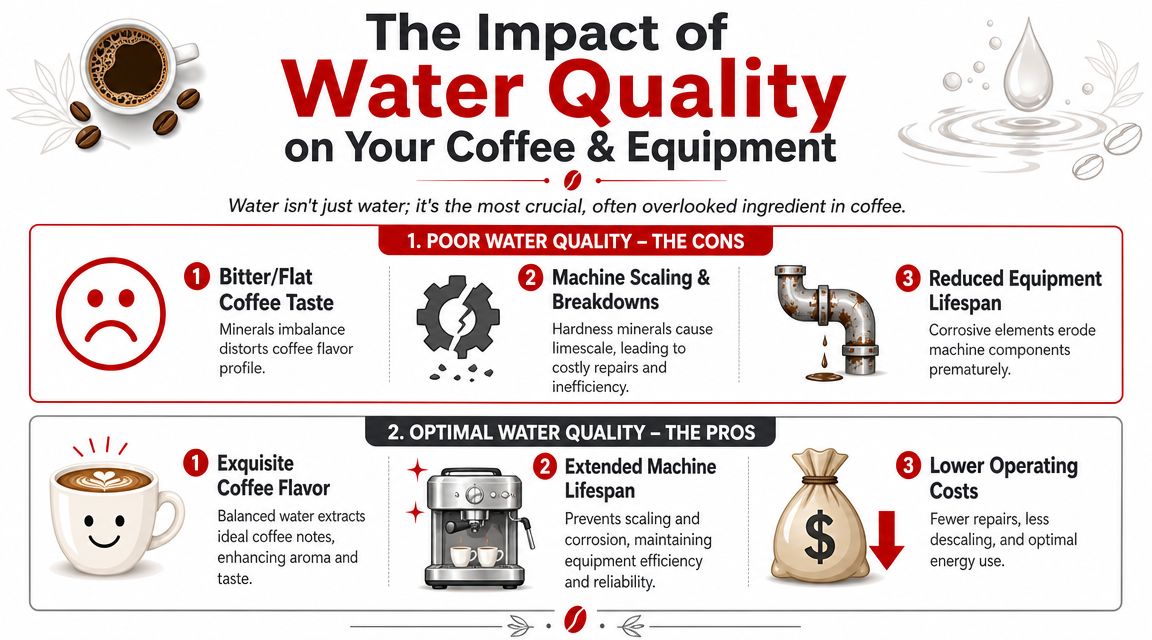 An infographic comparing the negative effects of poor water quality versus the benefits of optimal water in coffee.