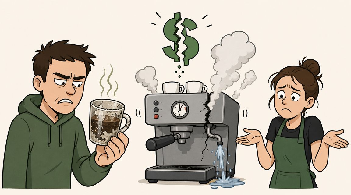 A customer looking at a dirty cup of coffee while a broken espresso machine leaks water nearby.