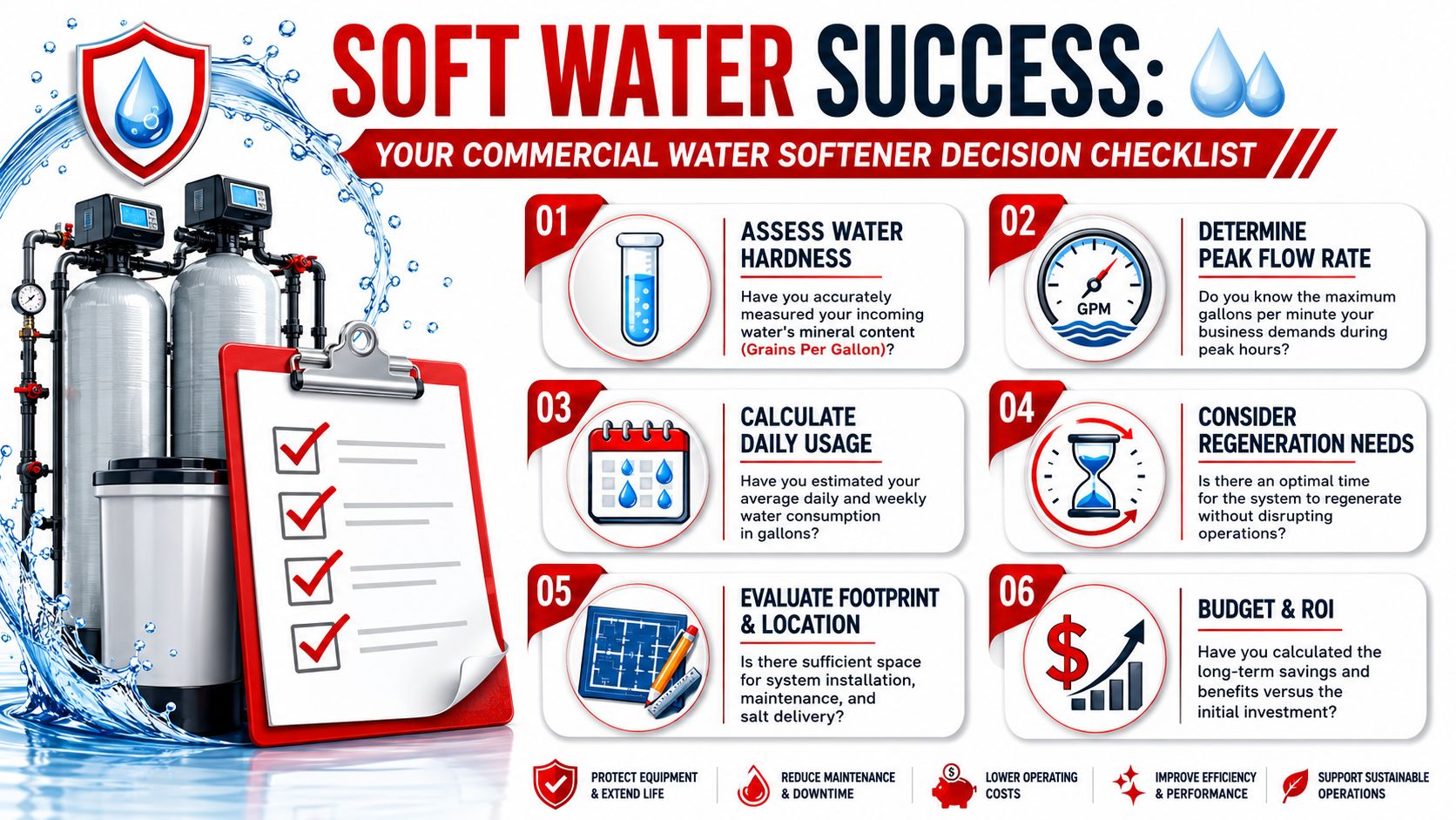 A checklist infographic detailing six essential steps for choosing and installing a commercial water softener system.